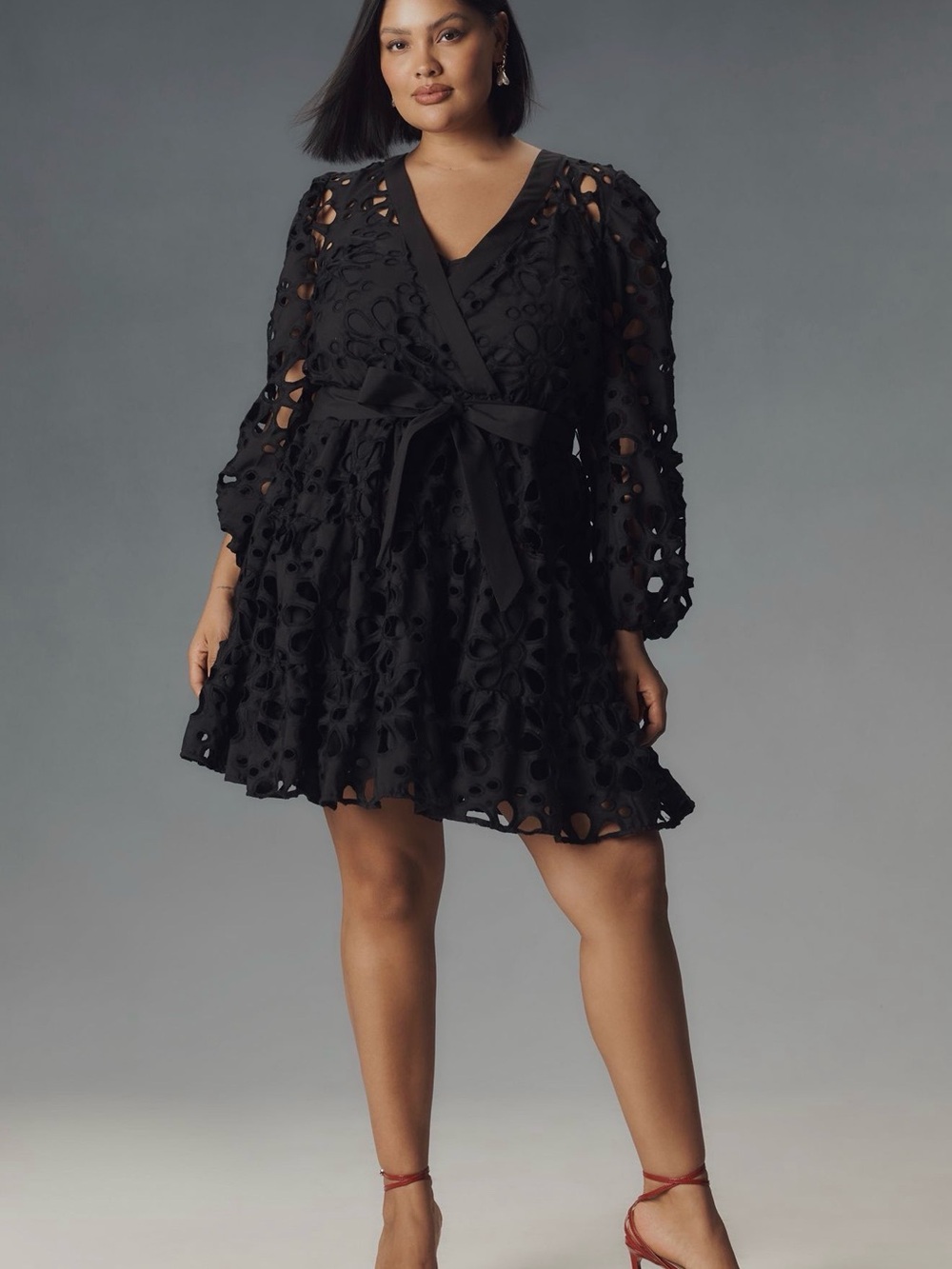 Black Eyelet Wrap Mini Dress with Tie Waist